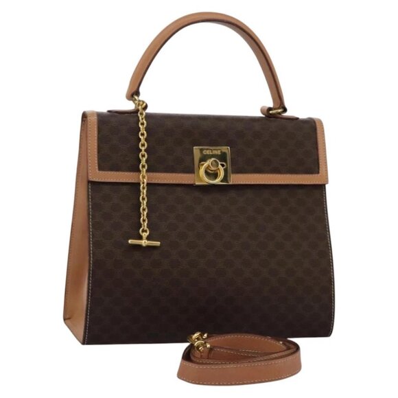 CELINE Macadam Canvas Hand Bag PVC Leather 2way Brown Gold Auth 104480V - Picture 1 of 15
